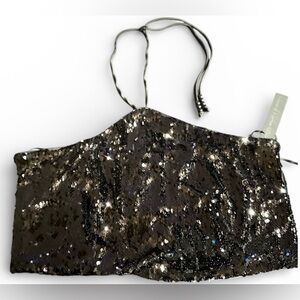 HOUSE OF HARLOW 1960 BLACK SEQUIN HALTER CROP TOP SPARKLY SIZE LARGE NWT